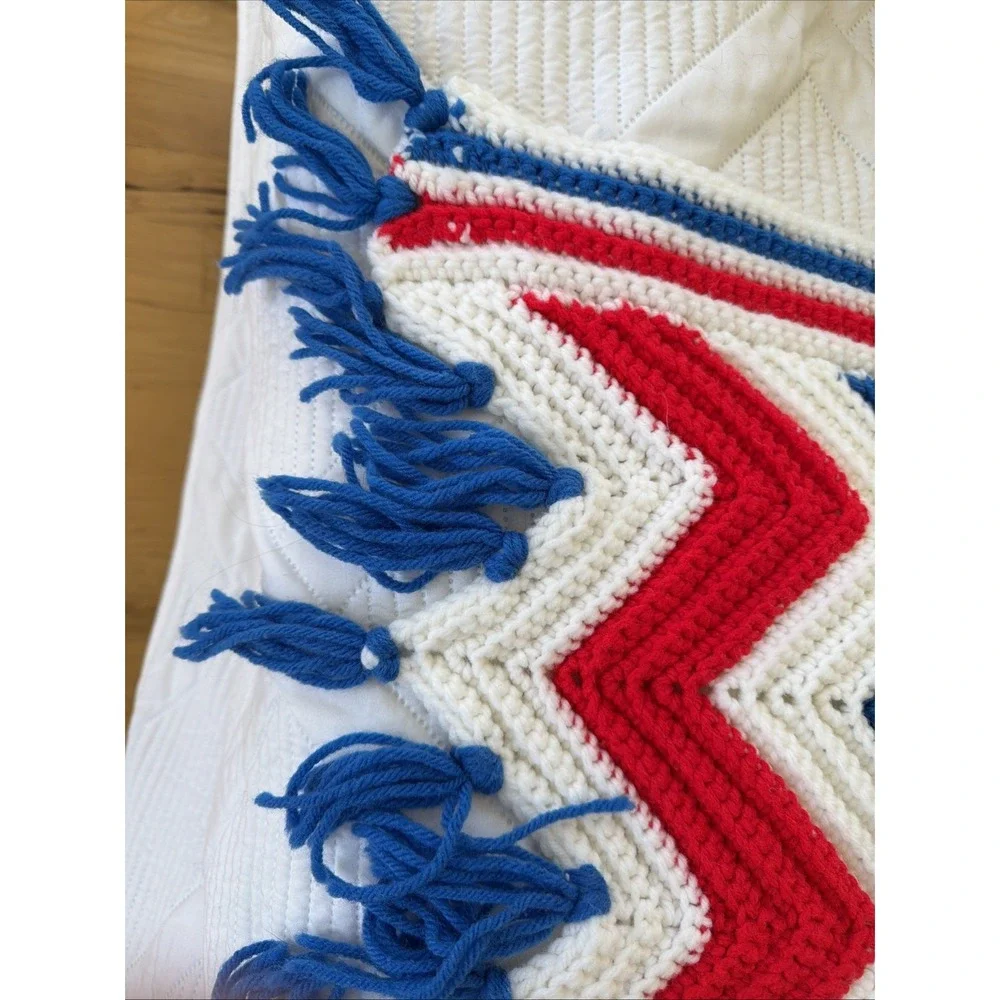 vintage hand crocheted Red White Blue Throw Blanket 39in W X 72 in L GWB002